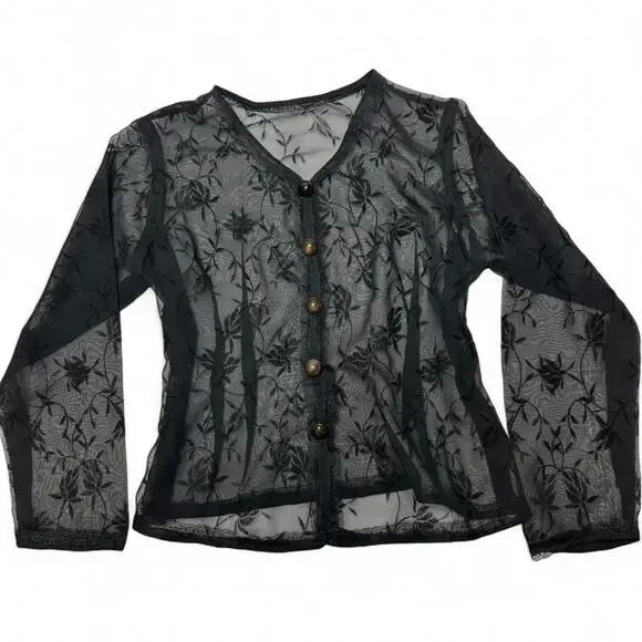 Black Sheer Whimsy Goth Embroidered Floral Layering Long Sleeve Size Medium - Picture 1 of 3